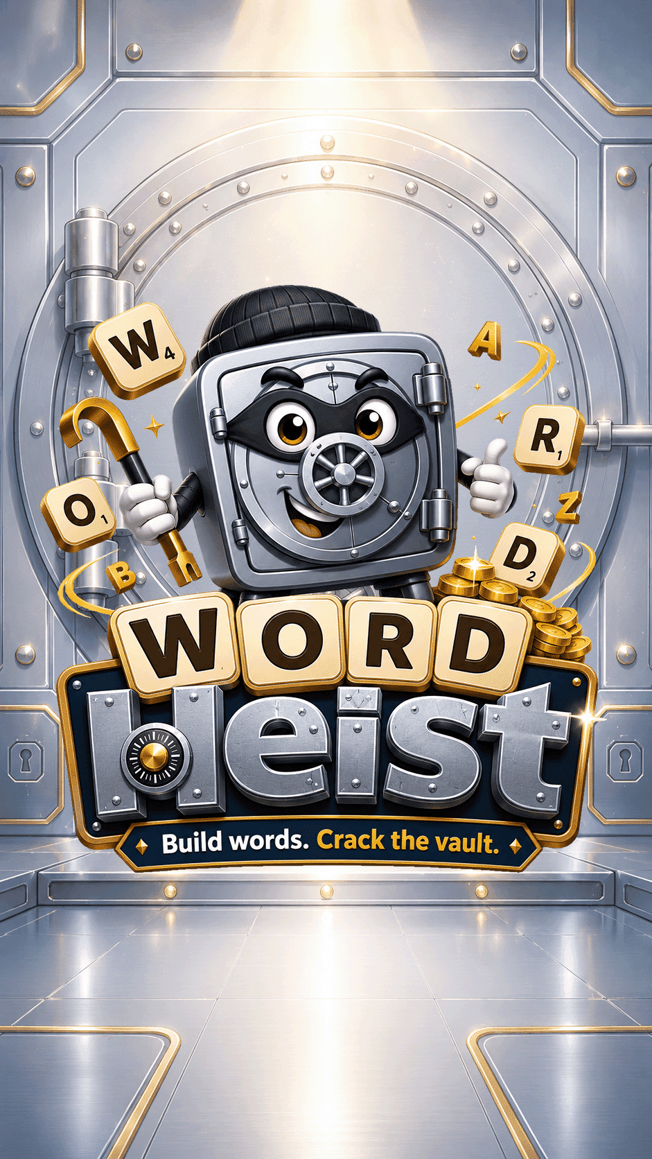 Wordheist artwork showing the safe mascot, letter tiles, and vault